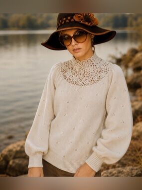 In-Wear Vintage 1980s Sweater Cream Crochet Lace High Neck Pointelle Cotton